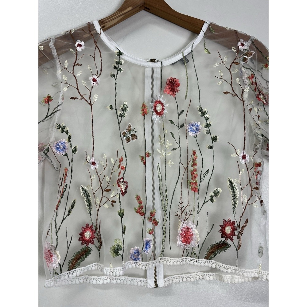Cleo Apparel Floral Embroidered Sheer Mesh Cottagecore Top